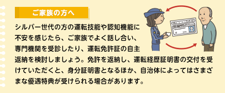 ご家族の方へ
シルバー世代の方の運転技能や認知機能に不安を感じたら、ご家族でよく話し合い、専門機関を受診したり、運転免許証の自主返納を検討しましょう。免許を返納し、運転経歴証明書の交付を受けていただくと、身分証明書となるほか、自治体によってはさまざまな優遇特典が受けられる場合があります。