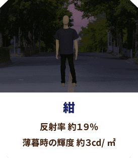 紺 反射率 約19％
                  薄暮時の輝度 約3cd/㎡